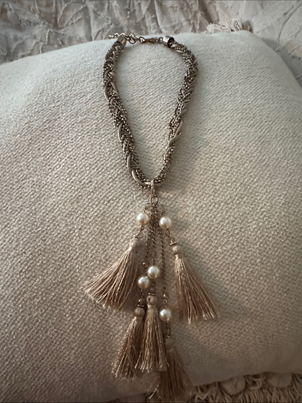 Elegant Tassel Pearl Statement Necklace - Neutral Beige